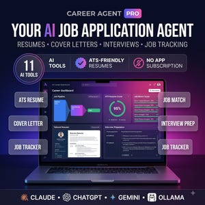 Könnte beinhalten: Ein Laptop zeigt das Career Agent Pro Dashboard mit Funktionen für Lebensläufe, Anschreiben und Job-Tracking. Der Bildschirm zeigt eine Job-Pipeline, einen Lebenslauf-Score von 95 % und Module zur Vorbereitung auf Vorstellungsgespräche.