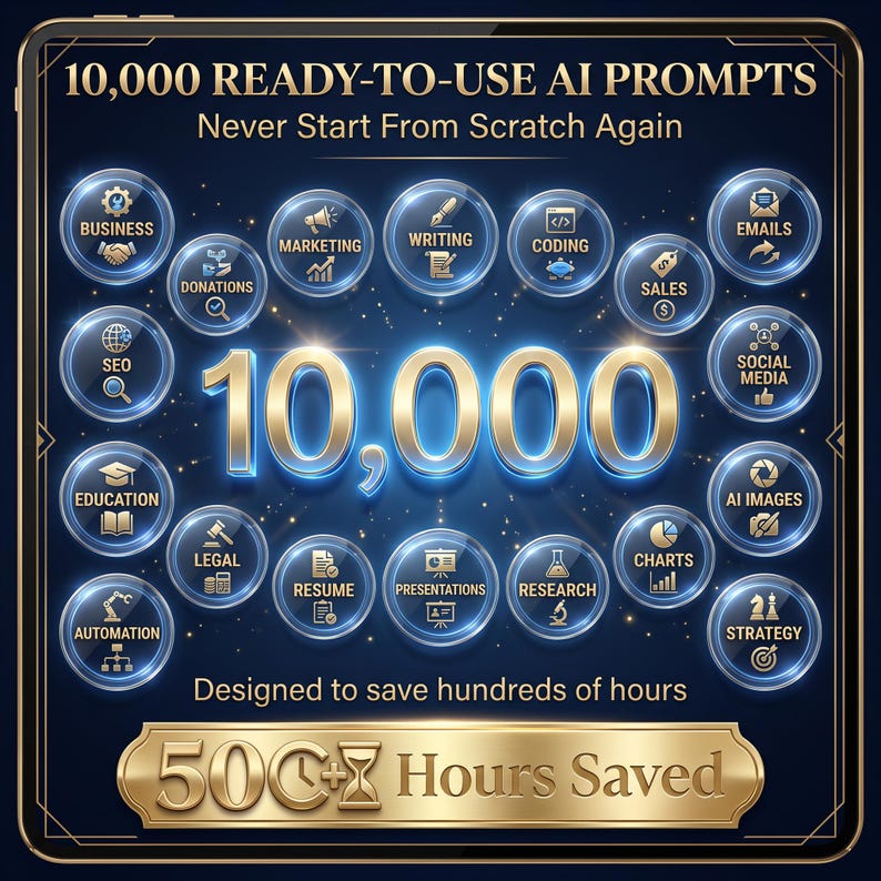 Puede incluir: Un gr&aacute;fico digital con el texto 10,000 READY-TO-USE AI PROMPTS y Never Start From Scratch Again. Muestra numerosos iconos circulares etiquetados con categor&iacute;as como Business, Marketing, Writing, Coding y Sales, rodeando un gran n&uacute;mero 10,000.