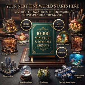 May include: A dark green book titled 10,000 MINIATURE & DIORAMA PROMPTS surrounded by various miniature scenes including a cottage, teahouse, steampunk workshop, city, snow globe, mushroom village, book nook, underwater scene, and space station.