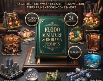 10000 sugerencias para dioramas en miniatura, paquete de mundos diminutos isométricos de Midjourney AI, descarga para uso comercial.