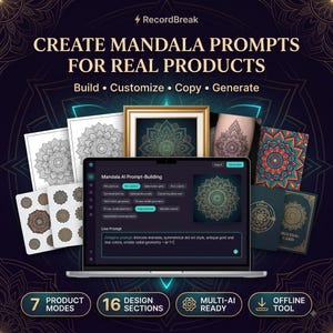 Könnte beinhalten: Ein Laptop mit einer Softwareoberfläche namens Mandala AI Prompt-Building, umgeben von verschiedenen Mandala-Designs auf Papier, einem gerahmten Druck, einem Tattoo und Karten. Der Text enthält RecordBreak, CREATE MANDALA PROMPTS FOR REAL PRODUCTS.