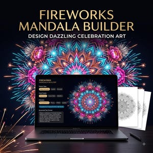 May include: A laptop displaying the Fireworks Mandala Builder software interface with a vibrant, symmetrical firework-inspired mandala graphic in shades of cyan, fuchsia, and copper, accompanied by three printed black and white mandala line art sheets.