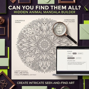 Hidden Animal Mandala Prompt Generator, Seek and Find Puzzle Page Creator, Midjourney Prompt Builder