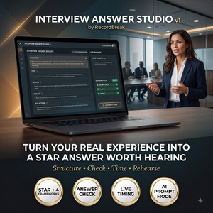 Puede incluir: Un ordenador port&aacute;til que muestra la interfaz del software Interview Answer Studio v1 con secciones para Situation, Task, Action, Result y Reflection. El texto dice: Turn your real experience into a star answer worth hearing.