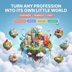 May include: A digital interface graphic titled TURN ANY PROFESSION INTO ITS OWN LITTLE WORLD with buttons labelled CUSTOMIZE, GENERATE, COPY, Select Profession, Add Details, Choose Style, and Generate Art, featuring floating islands with 3D icons.