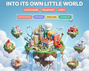 Può includere: Un'interfaccia digitale intitolata TURN ANY PROFESSION INTO ITS OWN LITTLE WORLD con pulsanti etichettati CUSTOMIZE, GENERATE, COPY, Select Profession, Add Details, Choose Style e Generate Art, con isole fluttuanti e icone 3D.