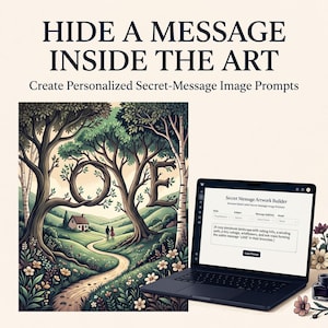 May include: A digital interface titled Secret Message Artwork Builder on a laptop screen, displaying a prompt box next to an illustration of a winding path, a small cottage, and trees with branches forming the word LOVE in a green landscape.