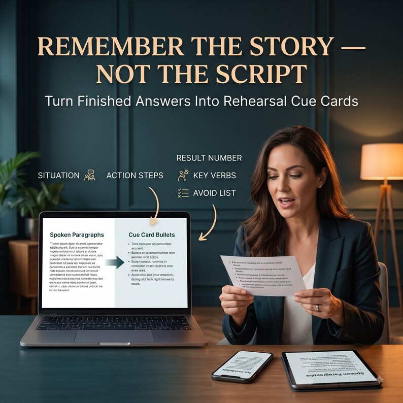 Puede incluir: Un port&aacute;til, un smartphone y una tableta muestran texto sobre c&oacute;mo convertir p&aacute;rrafos hablados en tarjetas de referencia. La pantalla incluye etiquetas para situaci&oacute;n, pasos de acci&oacute;n, n&uacute;mero de resultado, verbos clave y lista de exclusi&oacute;n.