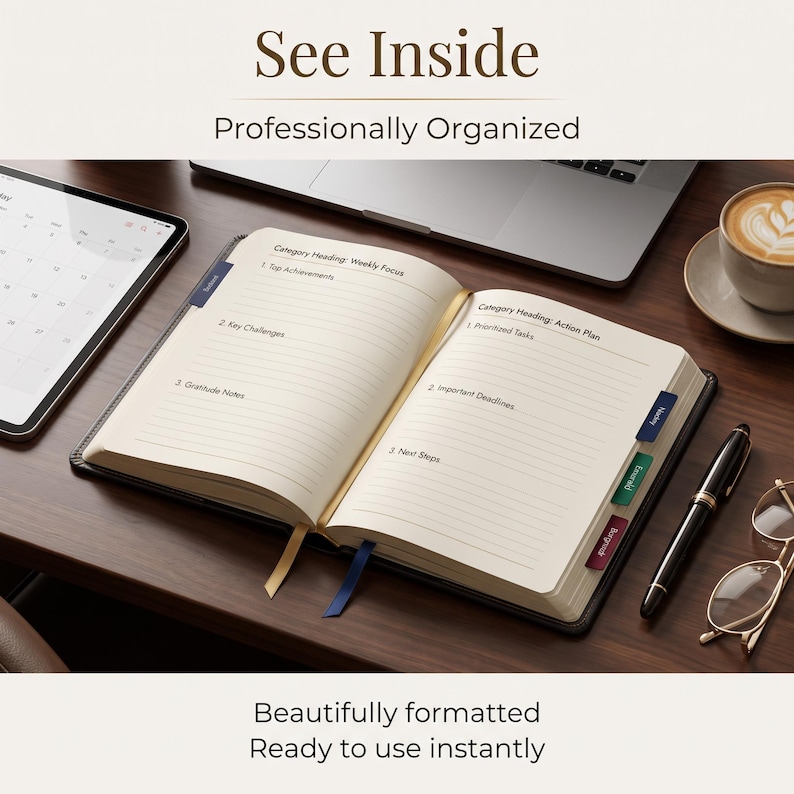 Puede incluir: Una agenda abierta con p&aacute;ginas rayadas de color crema que presentan encabezados impresos para Weekly Focus y Action Plan. La agenda incluye separadores con pesta&ntilde;as de colores, dos marcap&aacute;ginas de cinta y el texto See Inside, Professionally Organized, Beautifully formatted, Ready to use instantly.