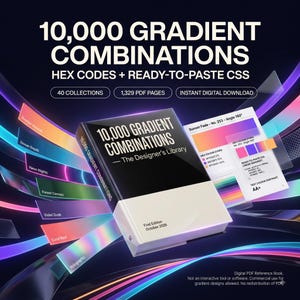 May include: A digital reference book titled 10,000 Gradient Combinations - The Designer's Library, featuring hex codes and CSS. The cover is black and white with First Edition October 2026 text, surrounded by colorful light trails.
