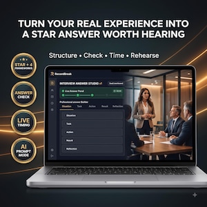 May include: A laptop displaying the RecordBreak Interview Answer Studio interface with a professional meeting scene. Text reads: TURN YOUR REAL EXPERIENCE INTO A STAR ANSWER WORTH HEARING. Four gold circular badges list features: STAR + 4 FRAMEWORKS, ANSWER CHECK, LIVE TIMING, and AI PROMPT MODE.