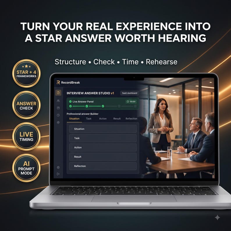 Puede incluir: Un port&aacute;til muestra la interfaz de RecordBreak Interview Answer Studio con una escena de reuni&oacute;n profesional. El texto dice: TURN YOUR REAL EXPERIENCE INTO A STAR ANSWER WORTH HEARING. Cuatro insignias doradas circulares enumeran: STAR + 4 FRAMEWORKS, ANSWER CHECK, LIVE TIMING y AI PROMPT MODE.