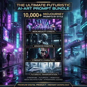 Pu&ograve; includere: Una grafica di prodotto digitale intitolata The Ultimate Futuristic AI-Art Prompt Bundle con oltre 10.000 prompt di Midjourney. Mostra quattro pannelli di immagini con strade urbane al neon, robotica avanzata, personaggi cibernetici e trasporti futuristici.