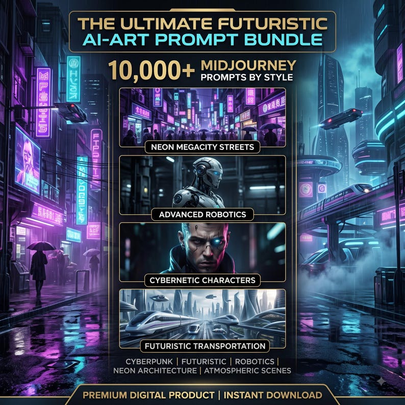 Pu&ograve; includere: Una grafica di prodotto digitale intitolata The Ultimate Futuristic AI-Art Prompt Bundle con oltre 10.000 prompt di Midjourney. Mostra quattro pannelli di immagini con strade urbane al neon, robotica avanzata, personaggi cibernetici e trasporti futuristici.