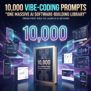 Może przedstawiać: Cyfrowa prezentacja produktu z centralnie umieszczoną książką o tytule 10,000 AI-ASSISTED CODING PROMPTS, otoczoną unoszącymi się ekranami pokazującymi interfejsy oprogramowania, analizy i fragmenty kodu na ciemnoniebieskim tle z neonowymi smugami.