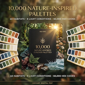 May include: A black book titled 10,000 NATURE-INSPIRED COLOUR PALETTES with gold text and a leaf icon. The cover features a nature scene with water, rocks, and plants. Surrounding the book are multiple color swatch strips.