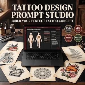 May include: A laptop displaying Tattoo Design Prompt Studio software, surrounded by tattoo flash sheets featuring a swallow, koi fish, sacred heart, mandala, and fox. Text reads: TATTOO DESIGN PROMPT STUDIO, BUILD YOUR PERFECT TATTOO CONCEPT, 100+ MOTIFS, 40 STYLES, BODY PLACEMENT, FLASH SHEETS.