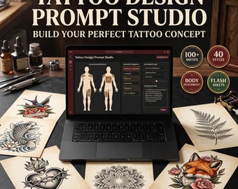Tattoo Design AI Prompt Generator for Midjourney, Tattoo Flash Sheet Idea Builder, Artist Tool
