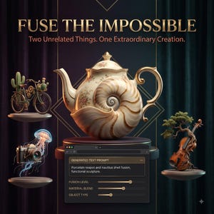 Può includere: Una teiera in porcellana centrale fusa con una conchiglia di nautilo, affiancata da una bicicletta con cactus, una fotocamera con una medusa e un violino con un albero. Il testo recita FUSE THE IMPOSSIBLE, Two Unrelated Things. One Extraordinary Creation.