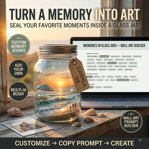 May include: A clear glass jar with a metal lid containing a miniature beach scene with a striped umbrella and people at sunset. A brown paper tag labeled 'SUMMER '98' hangs from the jar. A laptop screen displays 'MEMORIES IN GLASS JARS' text.