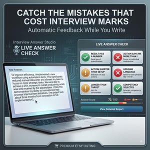 Puede incluir: Un port&aacute;til que muestra un texto de respuesta de entrevista junto a una interfaz Live Answer Check. La pantalla presenta cuadros de feedback con marcas de verificaci&oacute;n, signos de exclamaci&oacute;n y s&iacute;mbolos X, una puntuaci&oacute;n de 72/100 y un bot&oacute;n View Detailed Report.