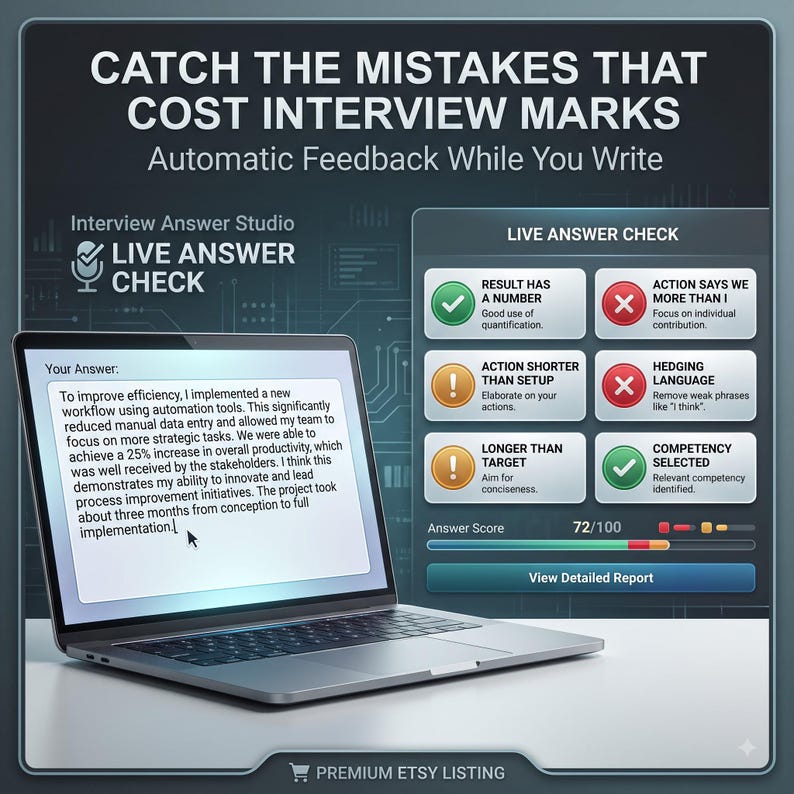 Puede incluir: Un port&aacute;til que muestra un texto de respuesta de entrevista junto a una interfaz Live Answer Check. La pantalla presenta cuadros de feedback con marcas de verificaci&oacute;n, signos de exclamaci&oacute;n y s&iacute;mbolos X, una puntuaci&oacute;n de 72/100 y un bot&oacute;n View Detailed Report.