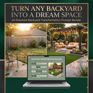 May include: A laptop displaying a Backyard Transformation Builder interface with sliders for style, features, and lighting. Above, a split-screen image shows a plain backyard on the left and a transformed, landscaped patio with a pergola on the right.