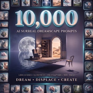 May include: A digital graphic titled 10,000 AI SURREAL DREAMSCAPE PROMPTS featuring a central surreal scene of a floating room with a bookshelf, armchair, and archway overlooking a desert and moon, surrounded by a border of small square image thumbnails.