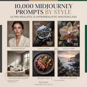 Pu&ograve; includere: Un grafico digitale intitolato 10,000 Midjourney Prompts By Style che presenta sei esempi di immagini: un ritratto di moda, un orologio di lusso, un fiore esotico, un interno architettonico, cibo gourmet e un paesaggio realistico con etichette.