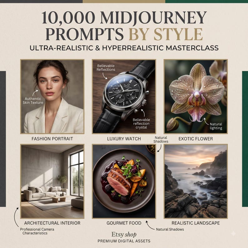 Pu&ograve; includere: Un grafico digitale intitolato 10,000 Midjourney Prompts By Style che presenta sei esempi di immagini: un ritratto di moda, un orologio di lusso, un fiore esotico, un interno architettonico, cibo gourmet e un paesaggio realistico con etichette.