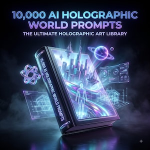 Puede incluir: Un libro negro titulado 10,000 AI HOLOGRAPHIC WORLD PROMPTS THE ULTIMATE HOLOGRAPHIC ART LIBRARY. La portada muestra una ciudad holográfica brillante, una figura humana, dibujos arquitectónicos de alambre y un planeta con anillos.