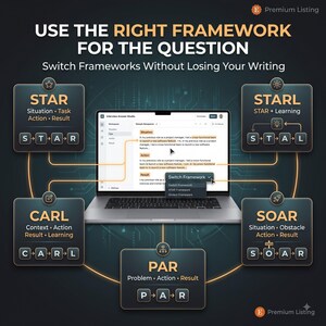 Puede incluir: Un port&aacute;til muestra la interfaz de Interview Answer Studio con texto y un men&uacute; Switch Framework. Alrededor del port&aacute;til hay cinco paneles cuadrados oscuros etiquetados como STAR, STARL, CARL, SOAR y PAR, que detallan marcos de respuesta.