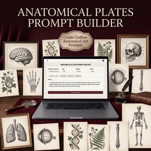 Può includere: Un computer portatile che mostra l'interfaccia Anatomical Plates Prompt Builder, circondato da varie illustrazioni anatomiche in stile vintage, incorniciate e non, tra cui un cervello, un teschio, un cuore, polmoni, uno scheletro e filamenti di DNA.