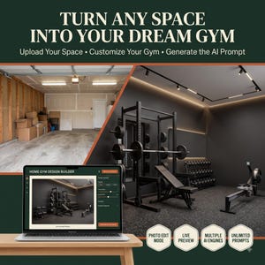 May include: A laptop displaying Home Gym Design Builder software, showing a split-screen comparison of an empty garage and a modern home gym with a power rack, bench, and rowing machine. Text reads: TURN ANY SPACE INTO YOUR DREAM GYM.