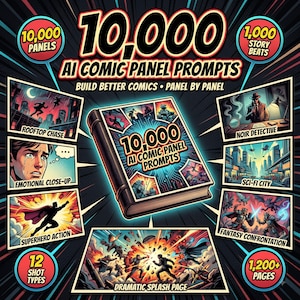 Puede incluir: Un libro titulado 10,000 AI Comic Panel Prompts rodeado de paneles de cómic que representan una persecución en tejados, un detective noir, un primer plano emocional, una ciudad de ciencia ficción, acción de superhéroes y fantasía.