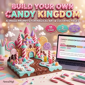 May include: A digital guide titled BUILD YOUR OWN CANDY KINGDOM featuring a candy castle model with striped towers, a chocolate river, and gummy bears. A laptop displays prompt text, while colorful lollipops and candy canes surround the scene.