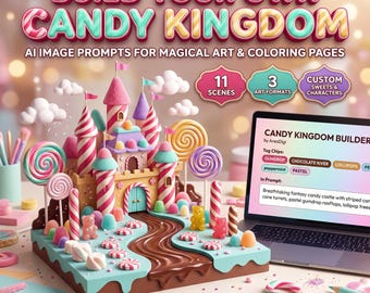 Può includere: Una guida digitale intitolata BUILD YOUR OWN CANDY KINGDOM con un modello di castello di caramelle con torri a strisce, un fiume di cioccolato e orsetti gommosi. Un portatile mostra del testo, circondato da lecca-lecca e bastoncini di zucchero.