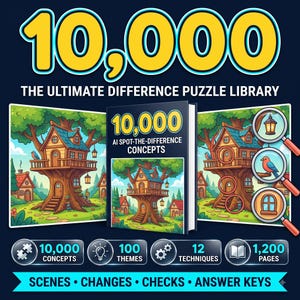 Könnte beinhalten: Ein Buch mit dem Titel 10,000 AI SPOT-THE-DIFFERENCE CONCEPTS mit einer Baumhaus-Illustration. Das Cover zeigt zwei nebeneinander liegende Szenen mit Lupen, die Unterschiede hervorheben. Der Text umfasst 10,000 CONCEPTS, 100 THEMES, 12 TECHNIQUES, 1,200 PAGES sowie SCENES, CHANGES, CHECKS, ANSWER KEYS.