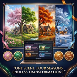 May include: A laptop displaying the AreaDigi prompt builder dashboard sits before a four-panel image showing a cottage through spring, summer, autumn, and winter. Four circular gold badges surround the laptop, and the text reads: ONE SCENE. FOUR SEASONS. ENDLESS TRANSFORMATIONS.