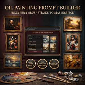 Könnte beinhalten: Eine Oil Painting Prompt Builder-Oberfläche auf einem Bildschirm, umgeben von sechs gerahmten Ölgemälden. Darunter liegen eine Holzpalette mit gemischten Ölfarben, ein Metallspachtel und zwei Pinsel auf einer dunklen Holzoberfläche.