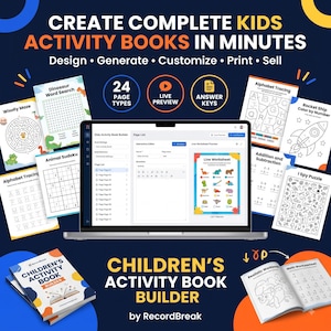 May include: A digital software interface for a children's activity book builder displayed on a laptop screen, surrounded by various printable activity pages including mazes, word searches, maths problems, and colouring sheets, with the text "CREATE COMPLETE KIDS ACTIVITY BOOKS IN MINUTES" and "CHILDREN'S ACTIVITY BOOK BUILDER by RecordBreak" visible.