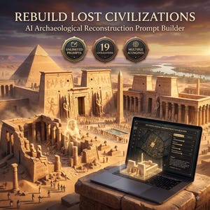 May include: A digital tool titled REBUILD LOST CIVILIZATIONS AI Archaeological Reconstruction Prompt Builder displayed on a laptop screen. The interface shows sliders and a 3D model of an ancient temple set against a backdrop of Egyptian ruins.
