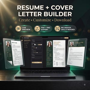 May include: A digital resume and cover letter builder software displayed on a laptop screen, flanked by floating document previews. The interface features text fields, colour settings, and layout options. Text includes RESUME + COVER LETTER BUILDER.