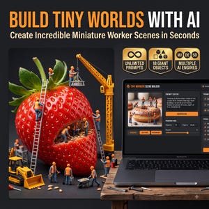 Könnte beinhalten: Eine digitale Software-Oberfläche namens Tiny Workers Scene Builder auf einem Laptop-Bildschirm mit Prompt-Editor und Einstellungen. Daneben zeigt eine Grafik Miniatur-Bauarbeiter, die an einer großen roten Erdbeere mit einem gelben Kran arbeiten.