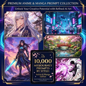 Pu&ograve; includere: Una collezione digitale di prompt artistici anime e manga con un tablet centrale che mostra il testo 10,000 MIDJOURNEY PROMPTS BY STYLE: Anime & Manga Edition, circondato da quattro distinte illustrazioni di personaggi e paesaggi.