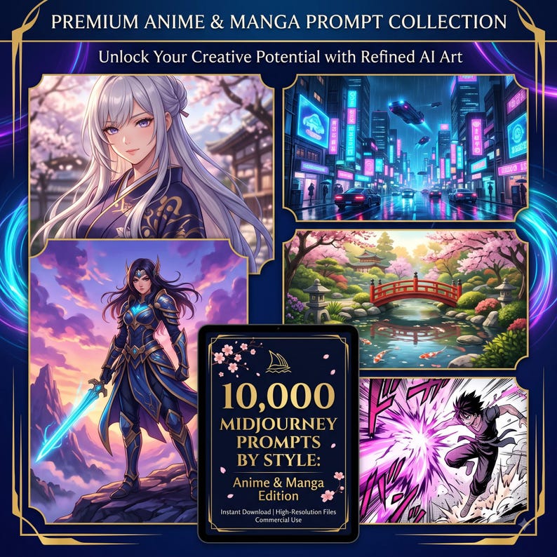 Pu&ograve; includere: Una collezione digitale di prompt artistici anime e manga con un tablet centrale che mostra il testo 10,000 MIDJOURNEY PROMPTS BY STYLE: Anime & Manga Edition, circondato da quattro distinte illustrazioni di personaggi e paesaggi.