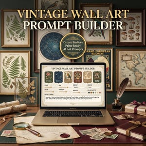 Peut inclure: Un ordinateur portable affichant une interface VINTAGE WALL ART PROMPT BUILDER avec des icônes botaniques, célestes et d'illustration. L'écran montre une zone de texte avec une consigne pour une planche botanique victorienne. L'ordinateur est posé sur un bureau avec une loupe, un encrier et des papiers anciens.