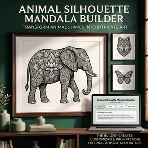 Op de afbeelding: Een digitale interface genaamd Animal Silhouette Mandala Builder op een laptopscherm, met een grote ingelijste print van een olifant met ingewikkelde mandalapatronen, naast kleinere ingelijste prints van een wolf en een vlinder.
