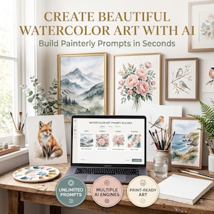 May include: A laptop displaying a watercolor art prompt builder interface, surrounded by framed watercolor paintings of mountains, flowers, birds, and a fox, with paintbrushes, a palette, and paper on a wooden desk. Text reads: CREATE BEAUTIFUL WATERCOLOR ART WITH AI.