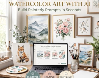 Watercolor AI Prompt Generator, Floral Botanical Wall Art Prompt Builder Tool, Midjourney ChatGPT Painting